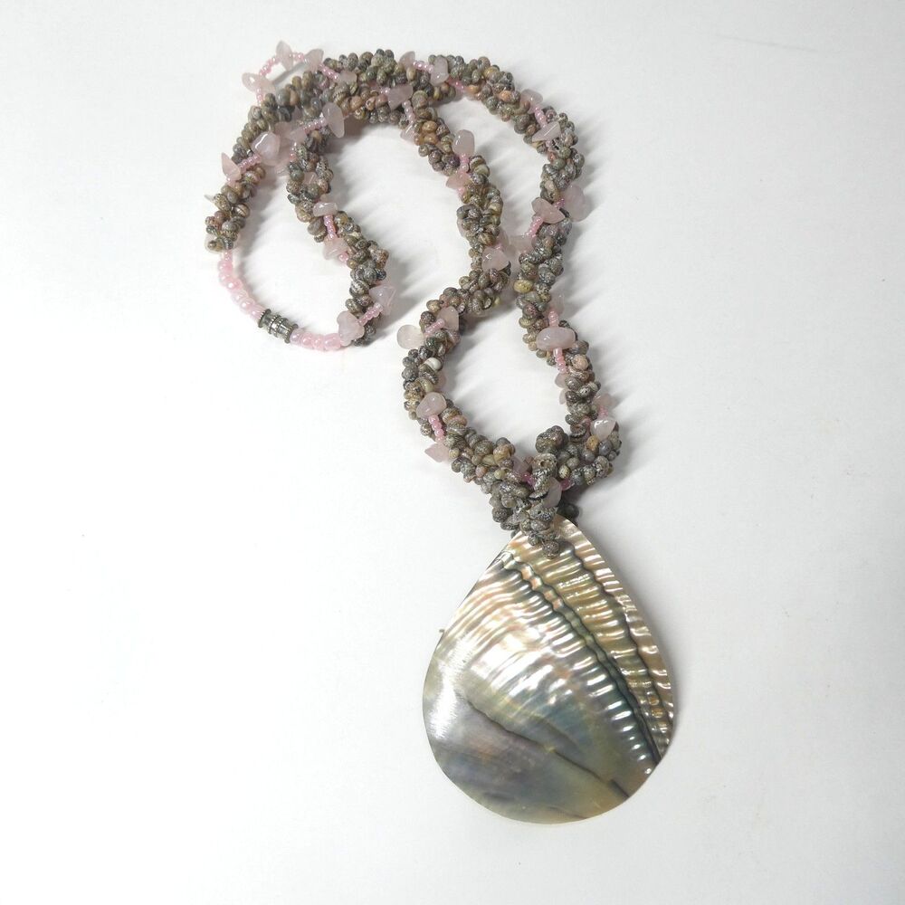 Abalone Seashell Beaded Necklace Seashells Rose Quartz w/ Large Teardrop Pendant